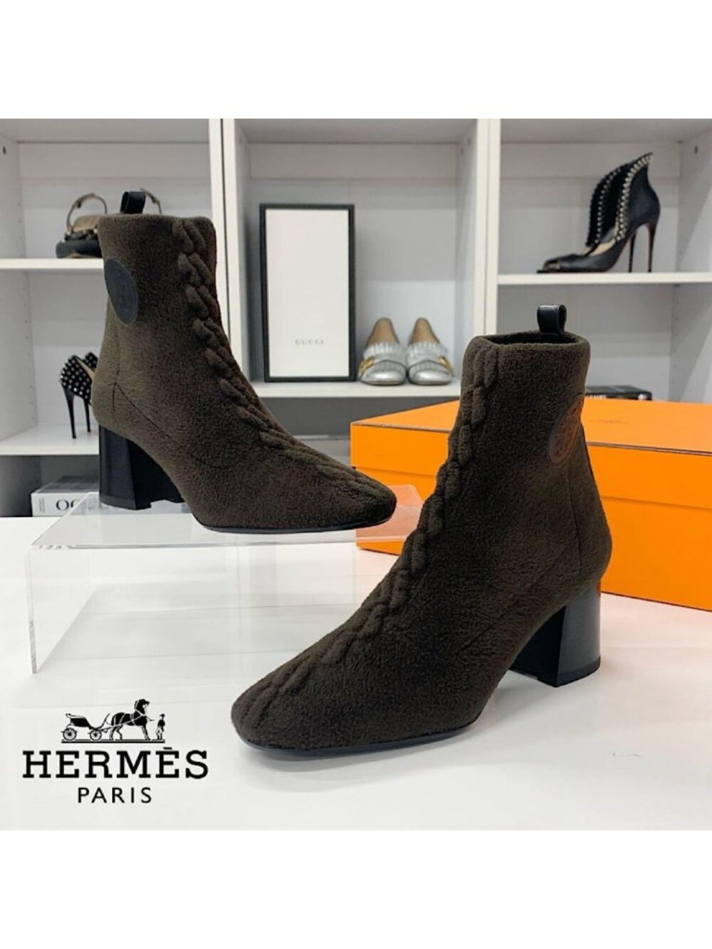 Hermes Jenna 60 Knit Chenille Ex-Libris Short Boots Khaki